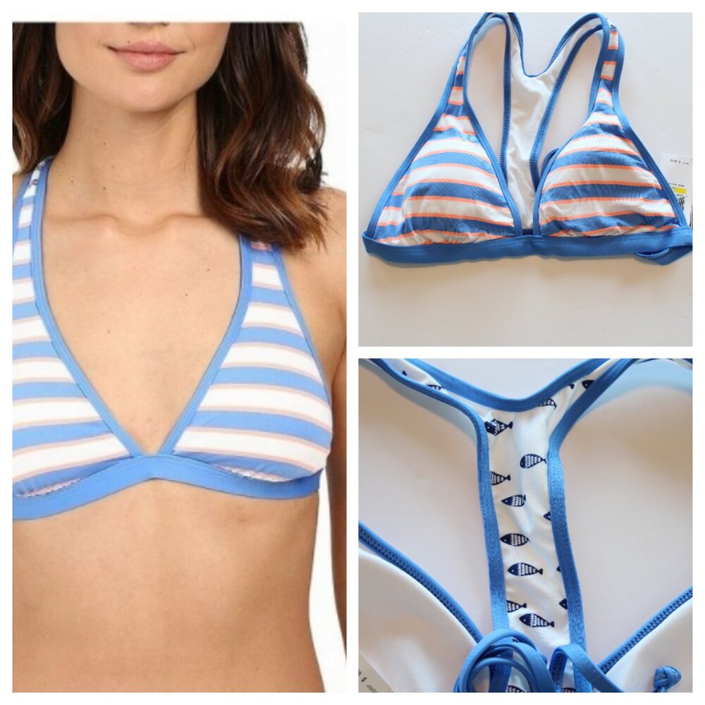 Splendid Racerback Swim Bikini Top Cayman Stripe White Blue Medium NWT
